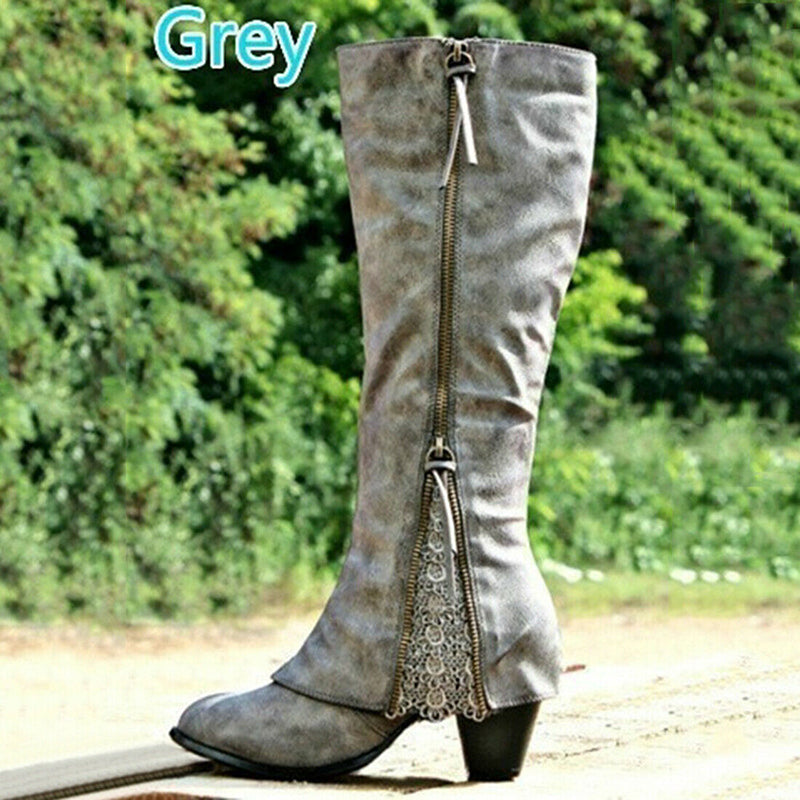 Women Winter Retro Lace Wild Knee High Riding Boots