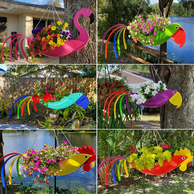 Bright Colorful Bird Hanging Planter Yard Decor