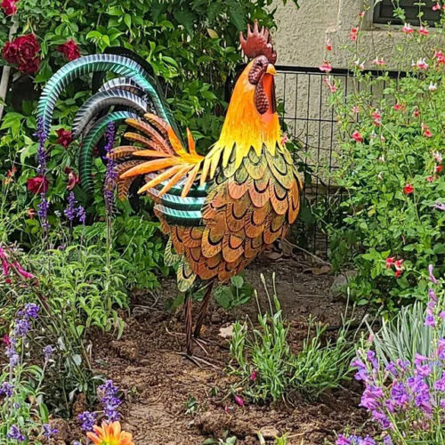Metal Rooster Garden Statue Outdoor Chicken Sculpture Yard