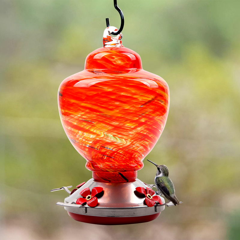 Hand Blown Glass Hummingbird Feeder 38 Ounces