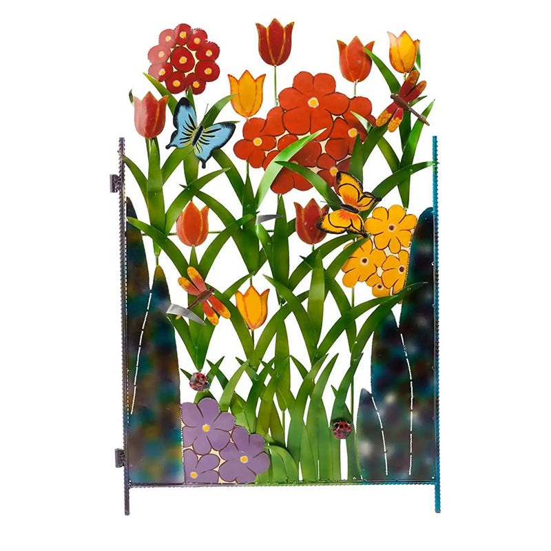 Colorful Metal 3-Panel Butterfly and Flower Garden Screen