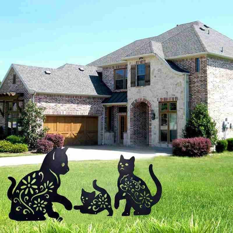 Set of 3 Metal Cat Silhouette Yard Stakes