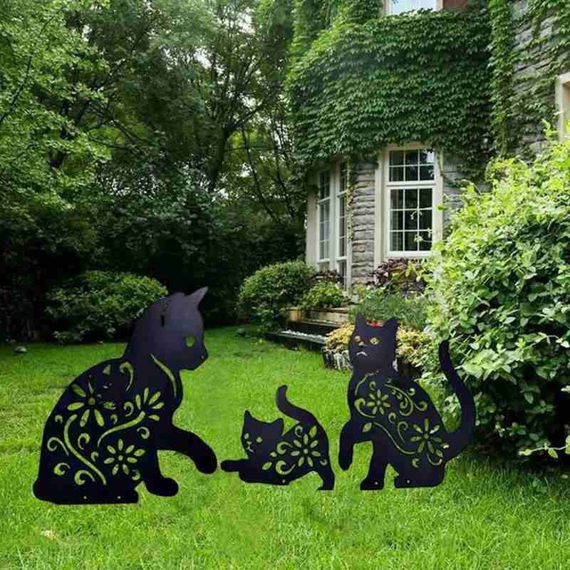 Set of 3 Metal Cat Silhouette Yard Stakes
