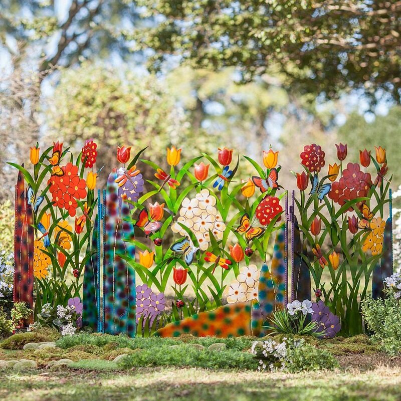 Colorful Metal 3-Panel Butterfly and Flower Garden Screen