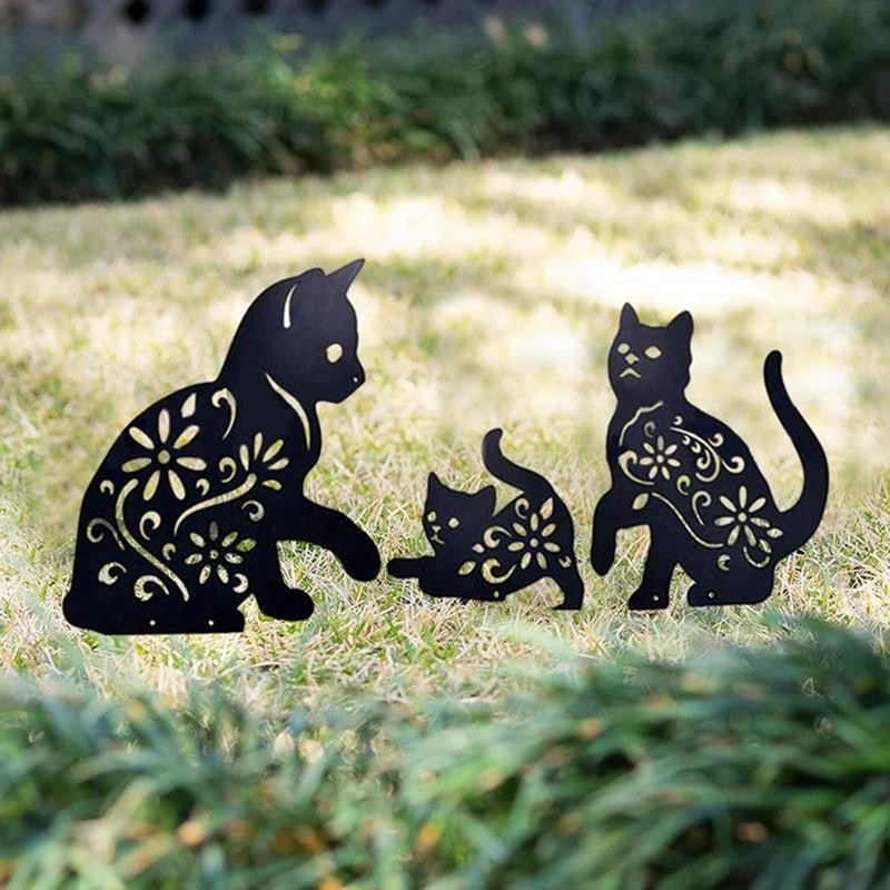 Set of 3 Metal Cat Silhouette Yard Stakes