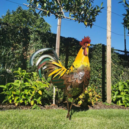 Metal Rooster Garden Statue Outdoor Chicken Sculpture Yard