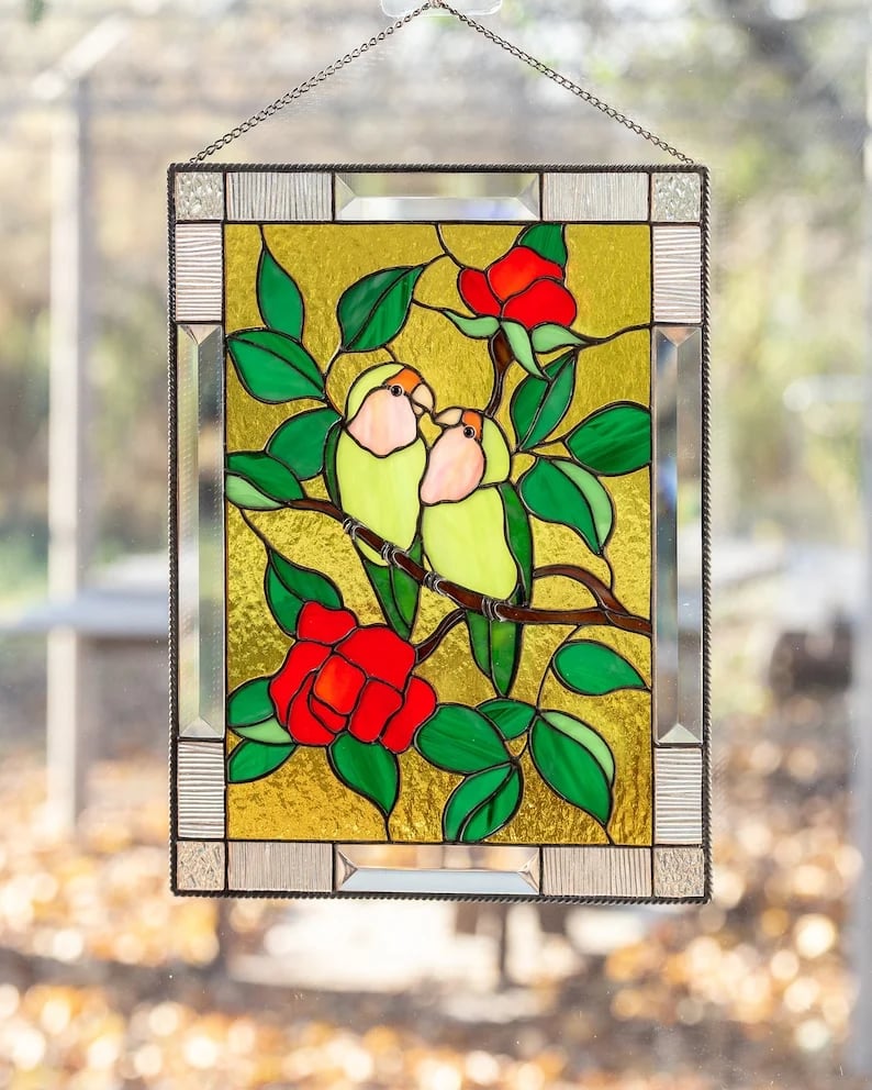 Lovebirds stained glass window panel Christmas gifts Parrot image 2