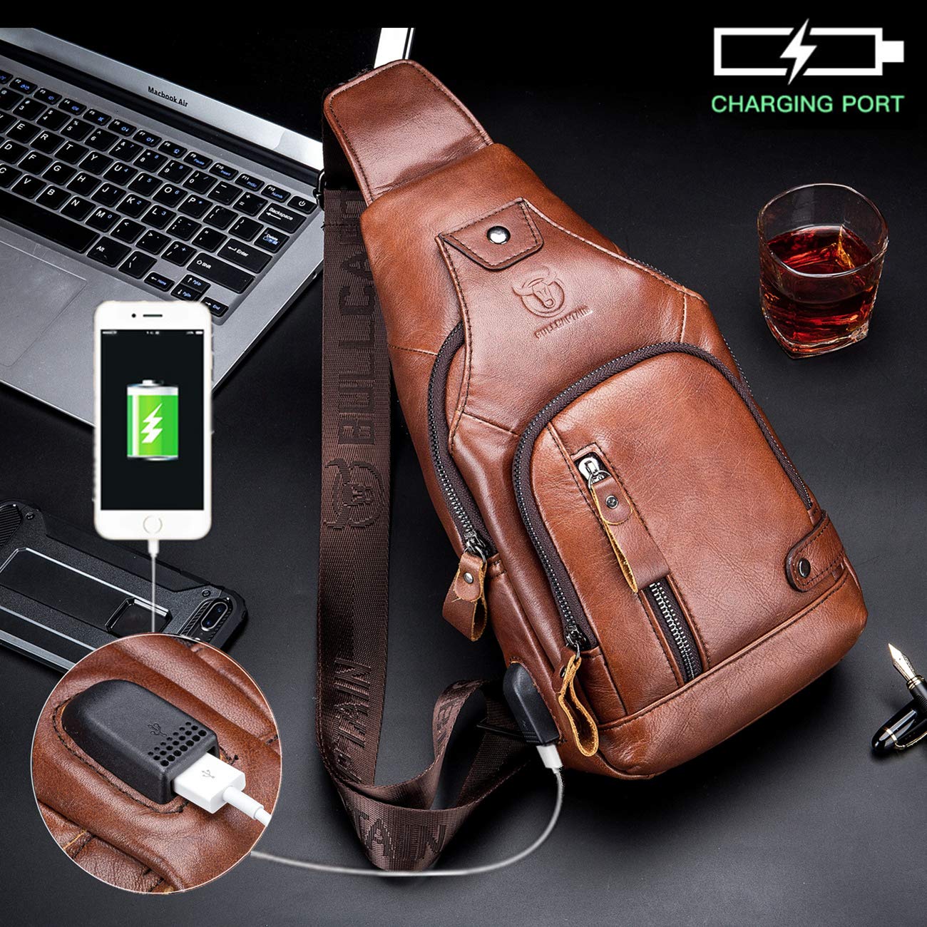 Genuine Leather Sling Backpack with USB Charging Port