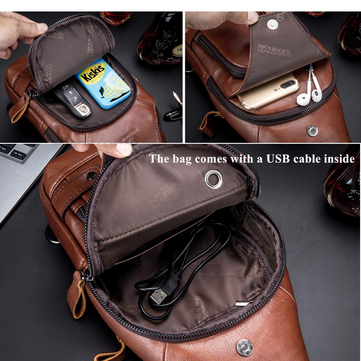 Genuine Leather Sling Backpack with USB Charging Port