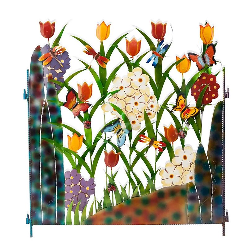 Colorful Metal 3-Panel Butterfly and Flower Garden Screen