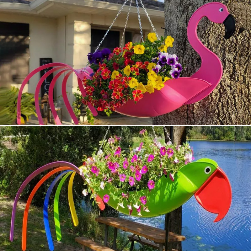 Bright Colorful Bird Hanging Planter Yard Decor
