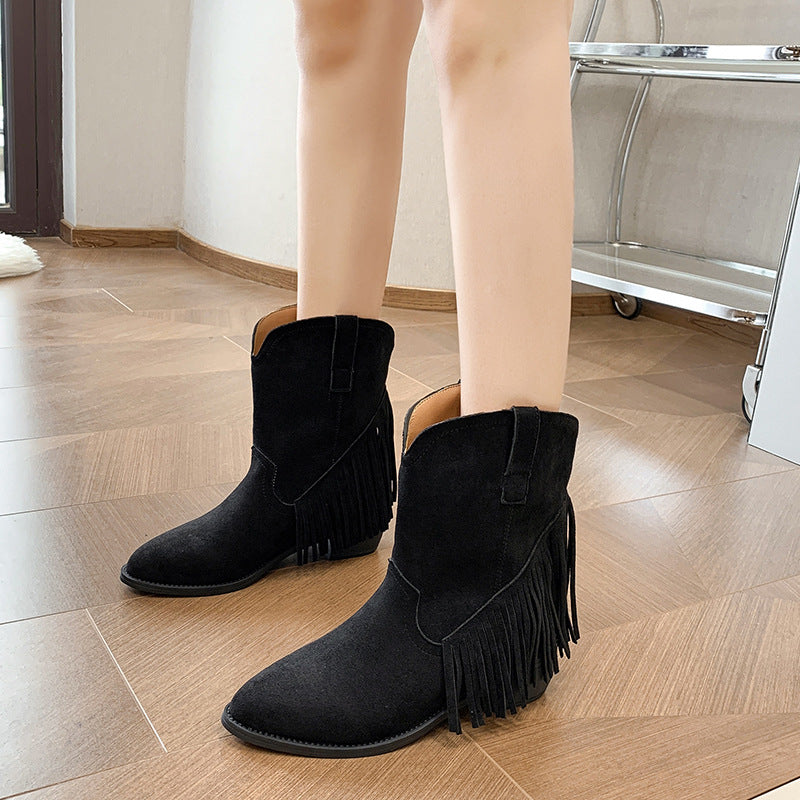 Ladies Simple Solid Color Pointed Toe Chunky Heel Martin Boots