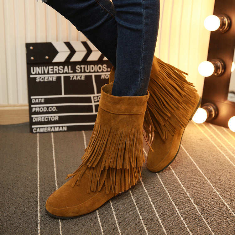 Women's plus size inner heightening tassel boots