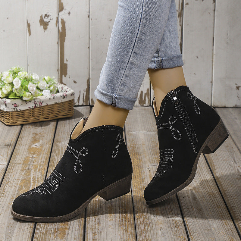 Fashion Embroidered Pointed Toe Chunky Heel Side Zip Booties