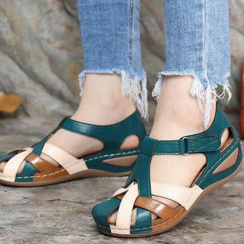 Women Color Block Comfy Wearable Hook Loop Casual Wedges Sandals