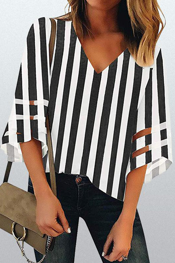 Printed striped mesh flared sleeve V-neck top
