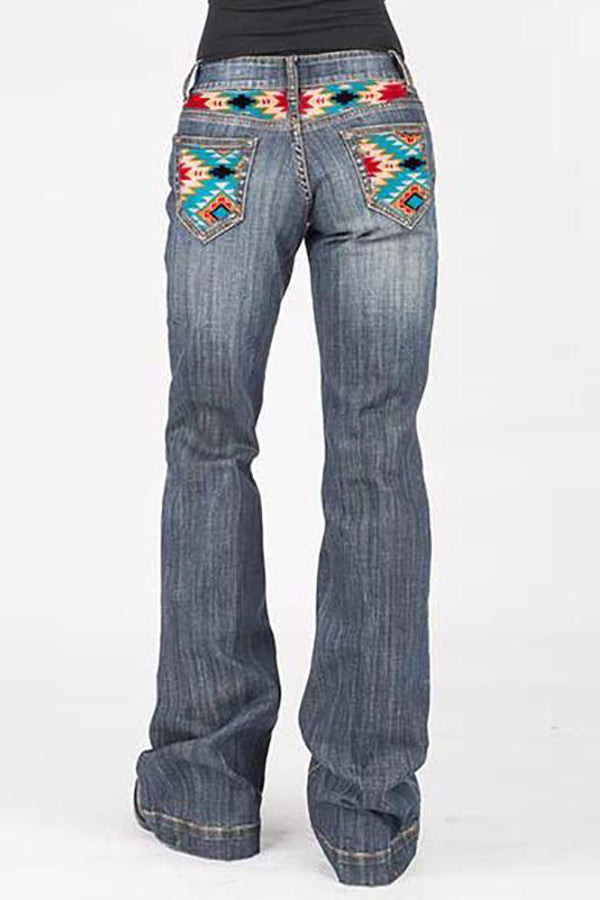 Western Aztec patchwork washed bootcut jeans