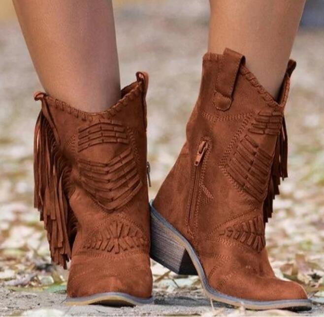 Fashion Women's Tassels Chunky Heel Mid Calf Boots With Zipper