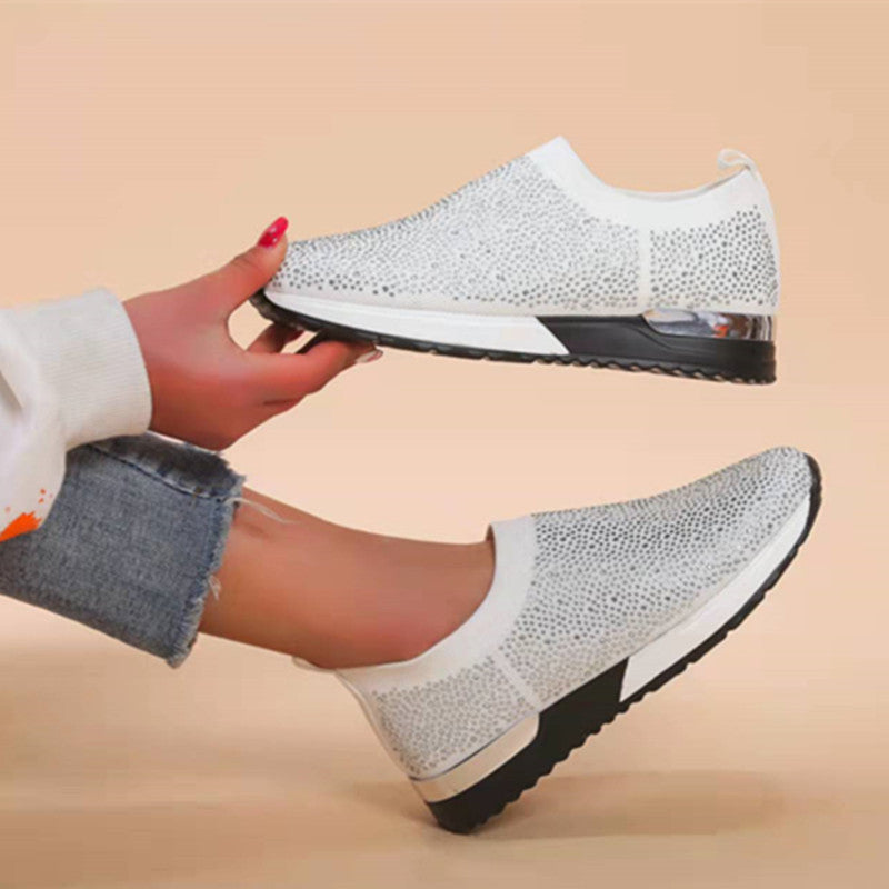 Ladies Casual Slip-On Rhinestone Flyknit Shoes