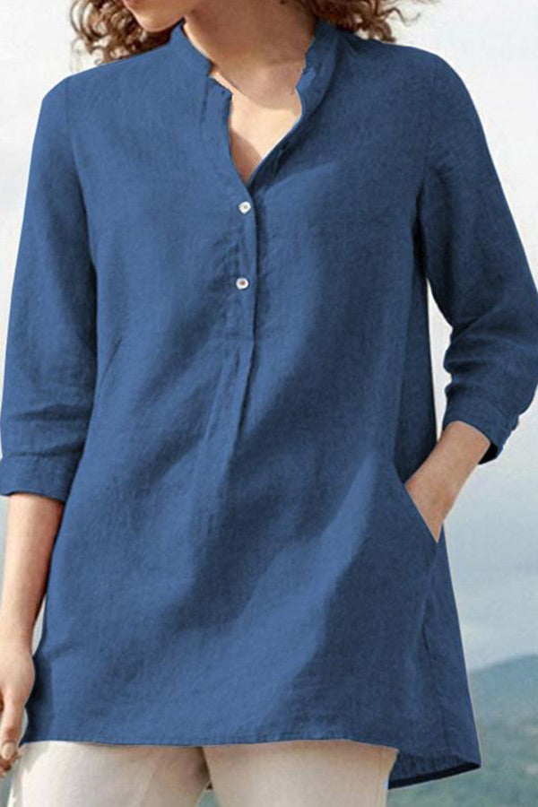 V-Neck Buttons 3/4 Sleeve Blouse Breathable Loose Shirt Tee