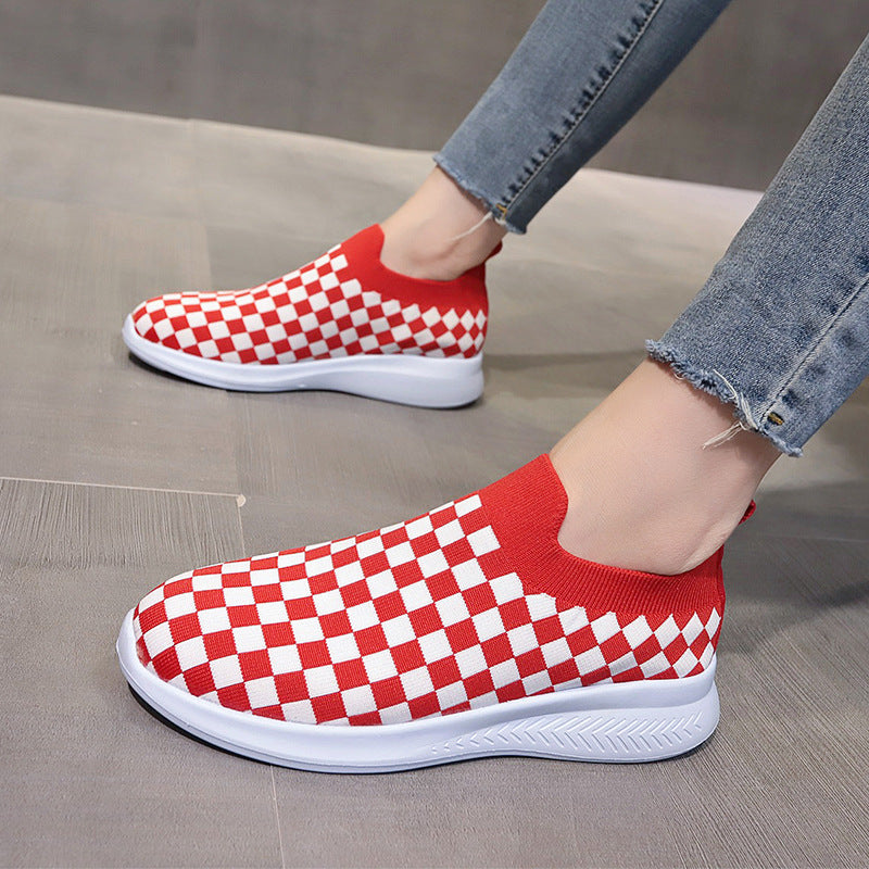Ladies plaid low top knitted shoes