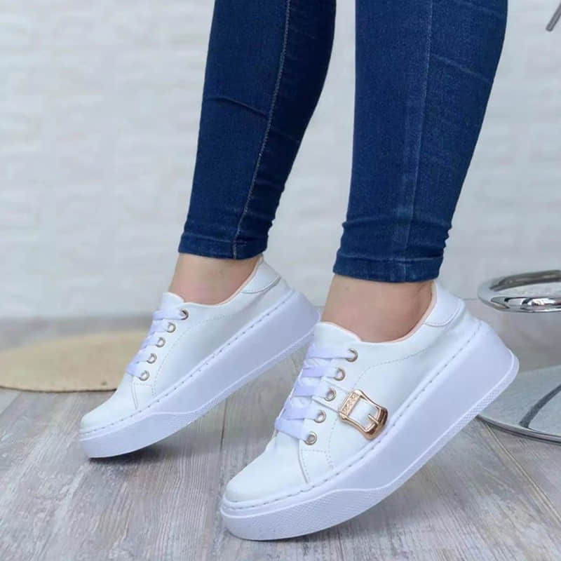Women's round toe platform casual shoes with belt buckle