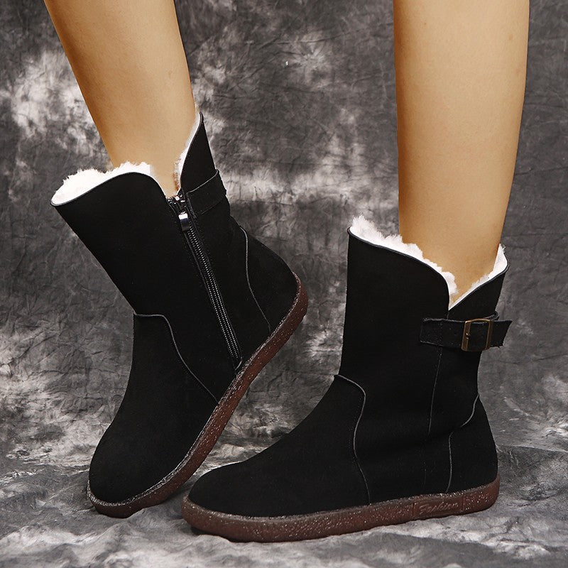 Women's winter fleece low heel zipper warm snow boots