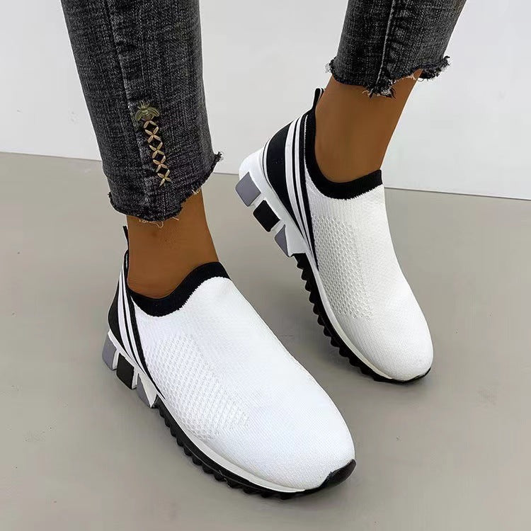 Round toe color block flying woven platform women's shoes