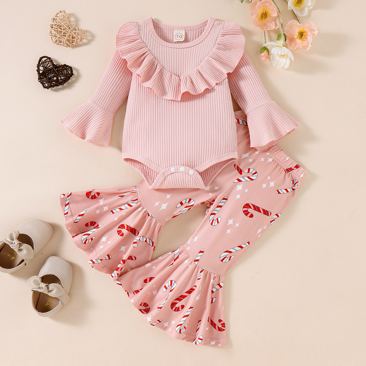 Riolio 2-piece Baby Girl Solid Color Ruffled Ribbed Long Sleeve Romper & Allover CANDY Cane Pattern 