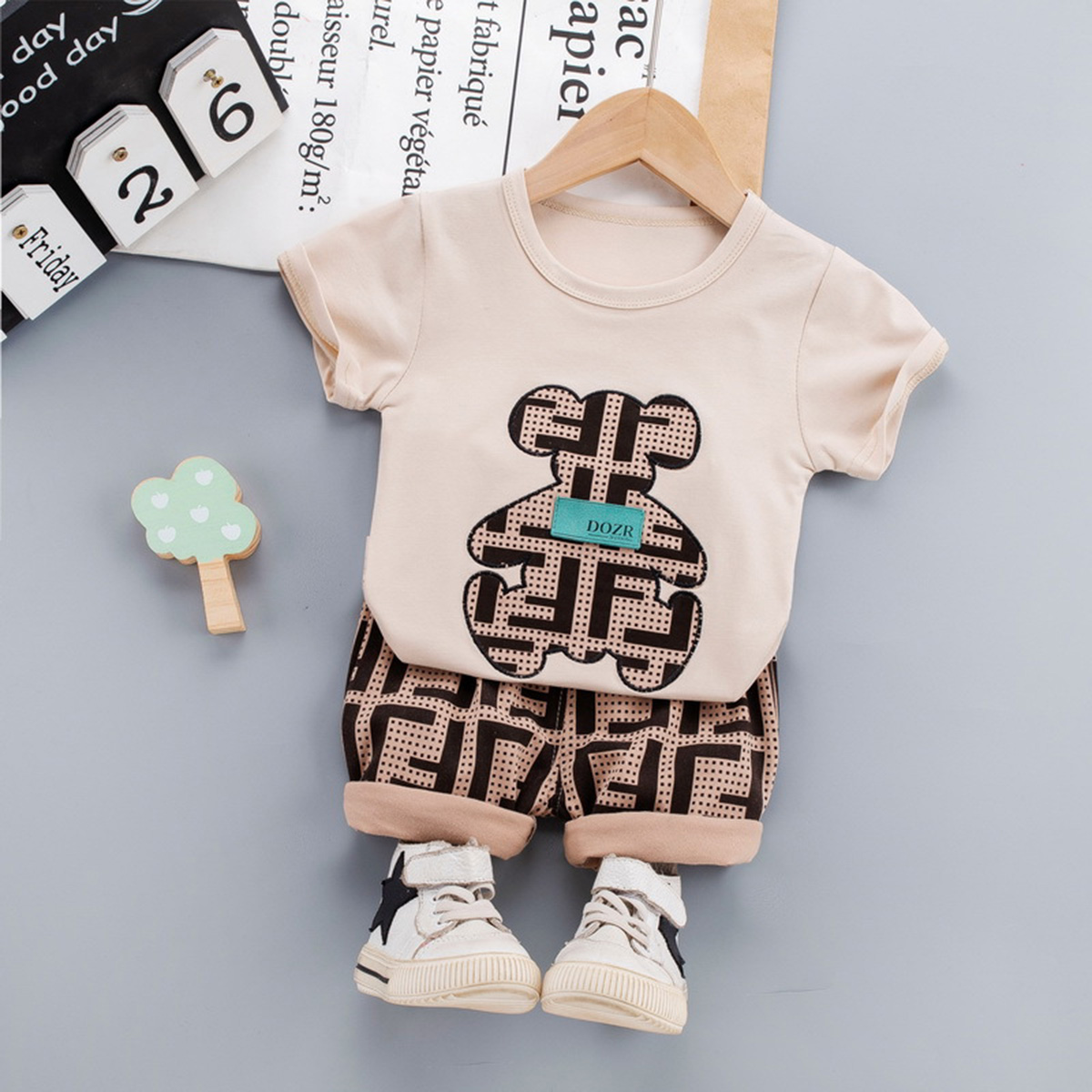 Riolio Baby Boy SHORT-sleeve Bear Print Top And Letter Print SHORTS Wholesale