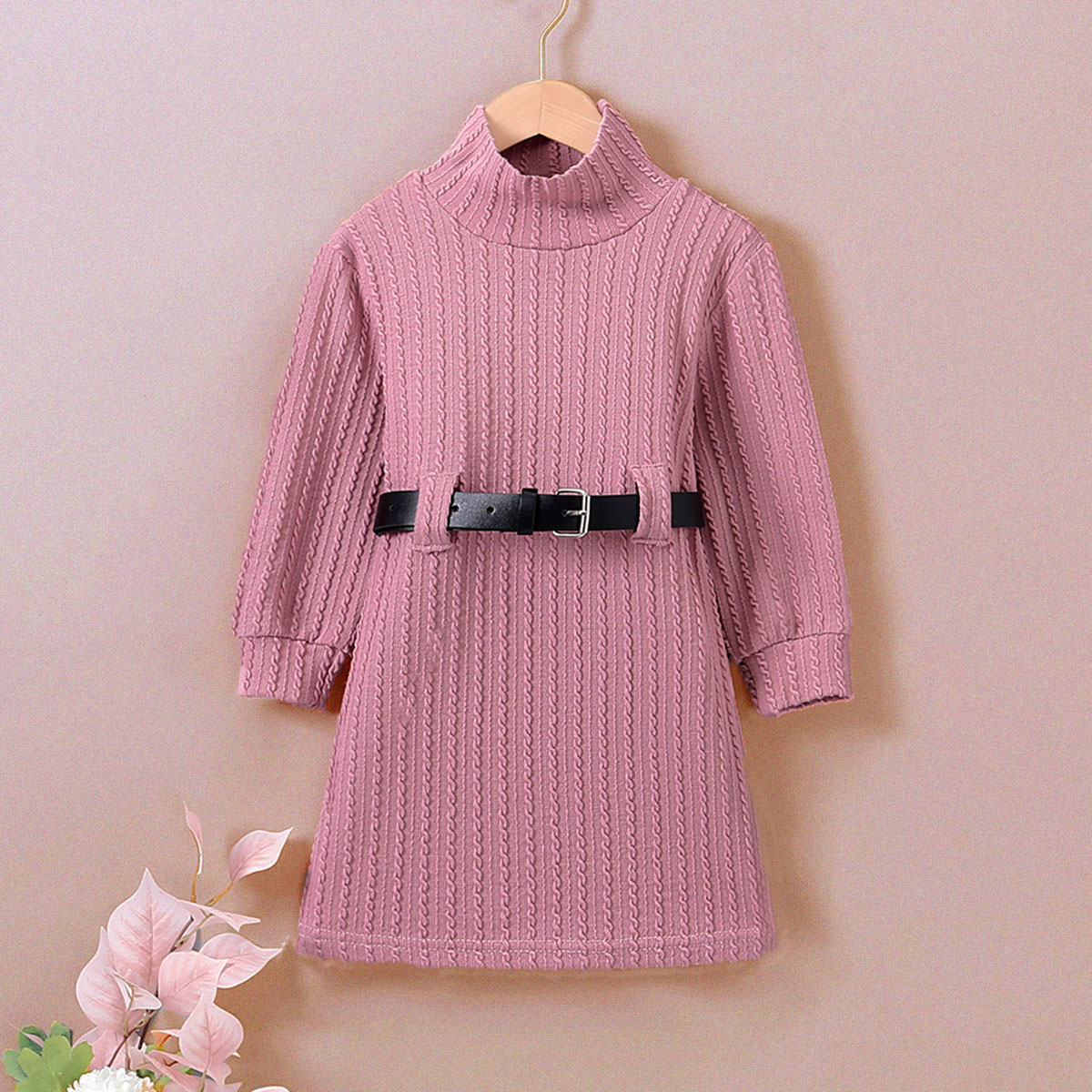Riolio 2-piece Toddler Girl Solid Color Textured Turtle Neck Long Sleeve Knitted Dress & BUCKLE BELT