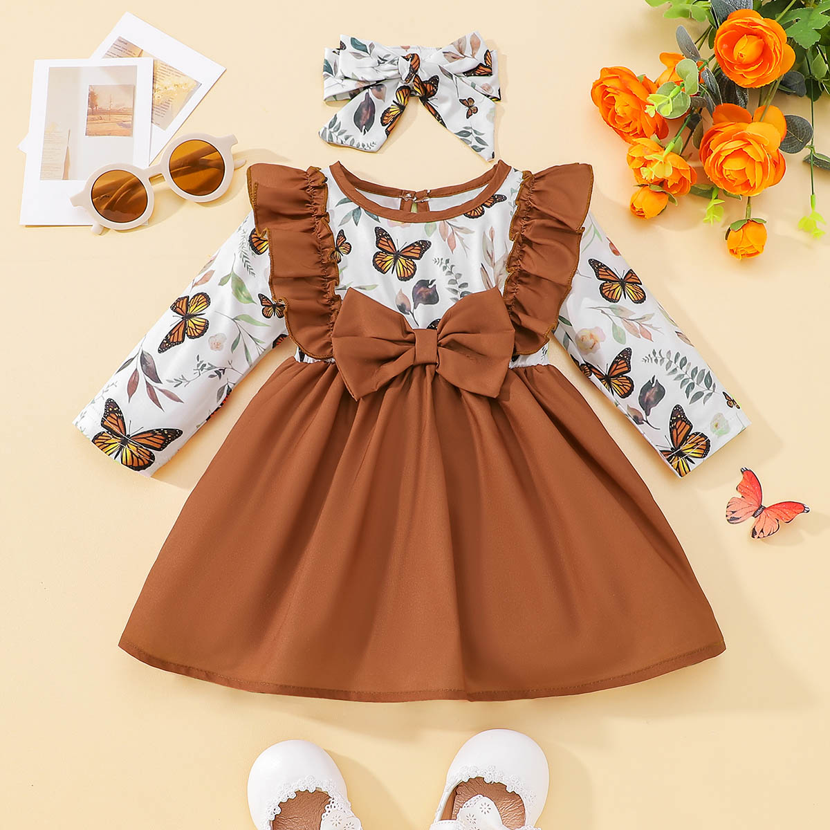 Riolio Baby Color-block Butterfly Printed Bowknot Decor UMBRELLA Skirt Wholesale
