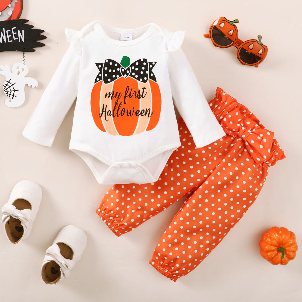 Riolio Toddler HALLOWEEN Letter Polka Dot Printed T-shirt & Flare Pants with Headband Wholesale