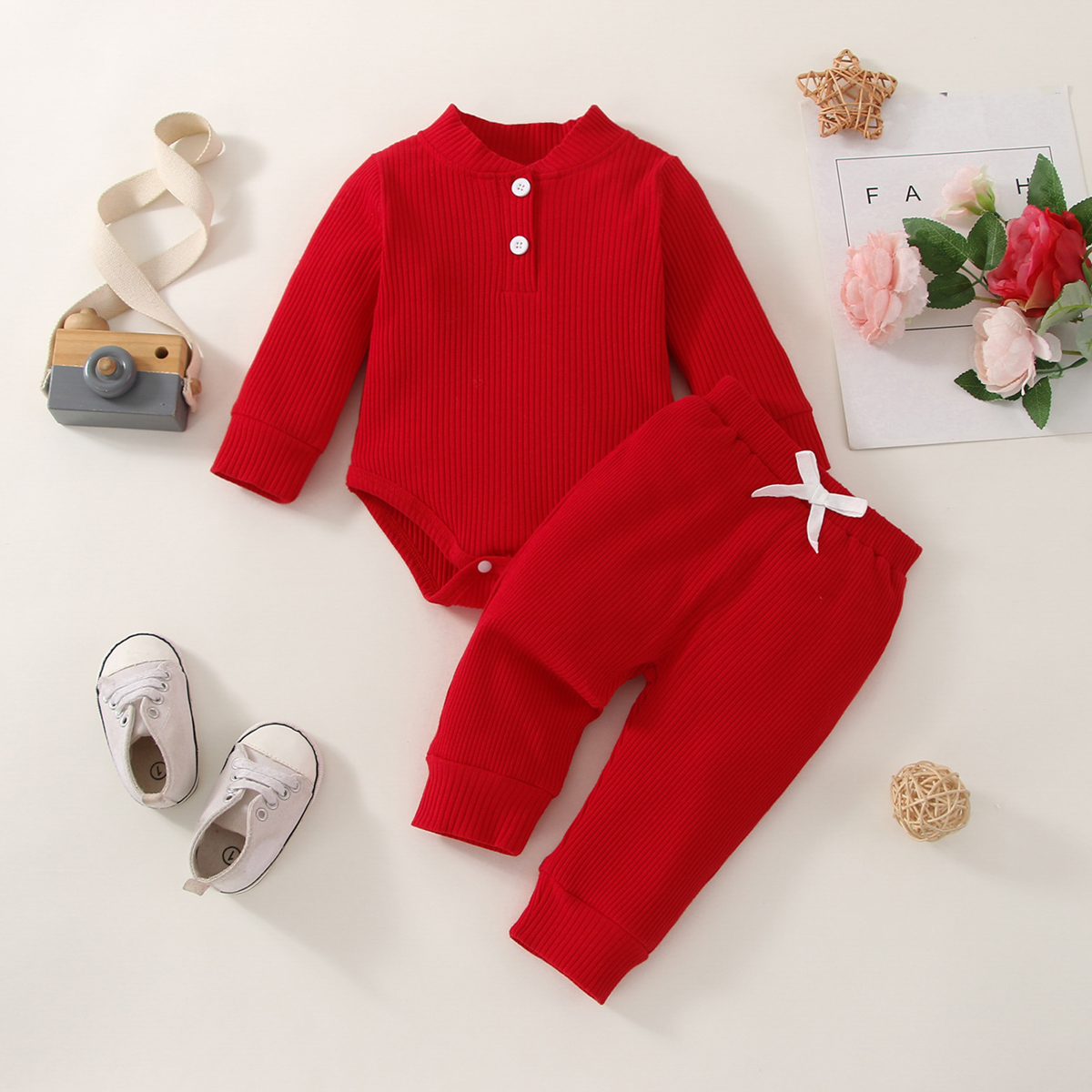 Riolio 2-piece Baby Boy Solid Color Ribbed BASEBALL Collar Long Sleeve Romper & Matching Pants Whole