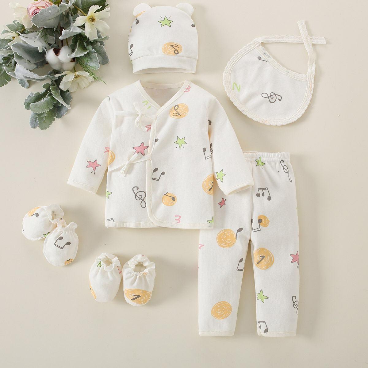 6 Pieces Newborn Kit Baby Lace-up Top & Pants & HAT & Anti-scratch Gloves & Socks & Bib Wholesale