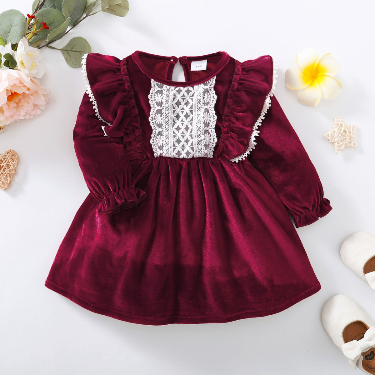 Riolio Baby Girl Solid Color Ruffled Lace Spliced Lantern Sleeve UMBRELLA Dress Wholesale