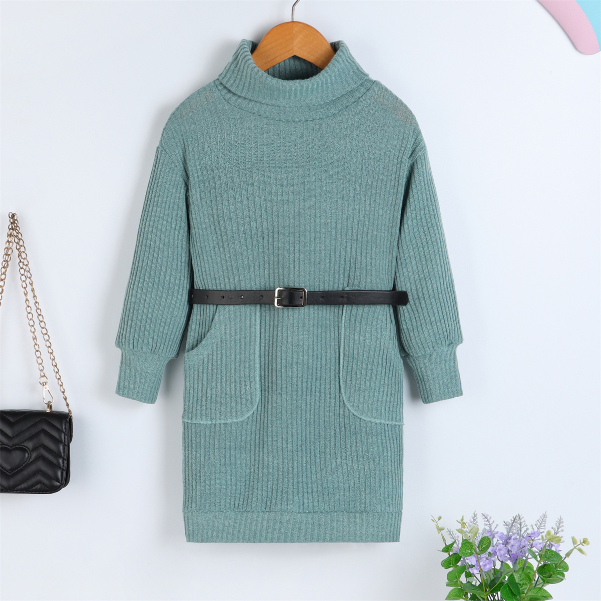 Riolio Toddler Girl Solid Color Ribbed Pocket Front Turtle Neck Long Sleeve Knitted Dress with BELT 