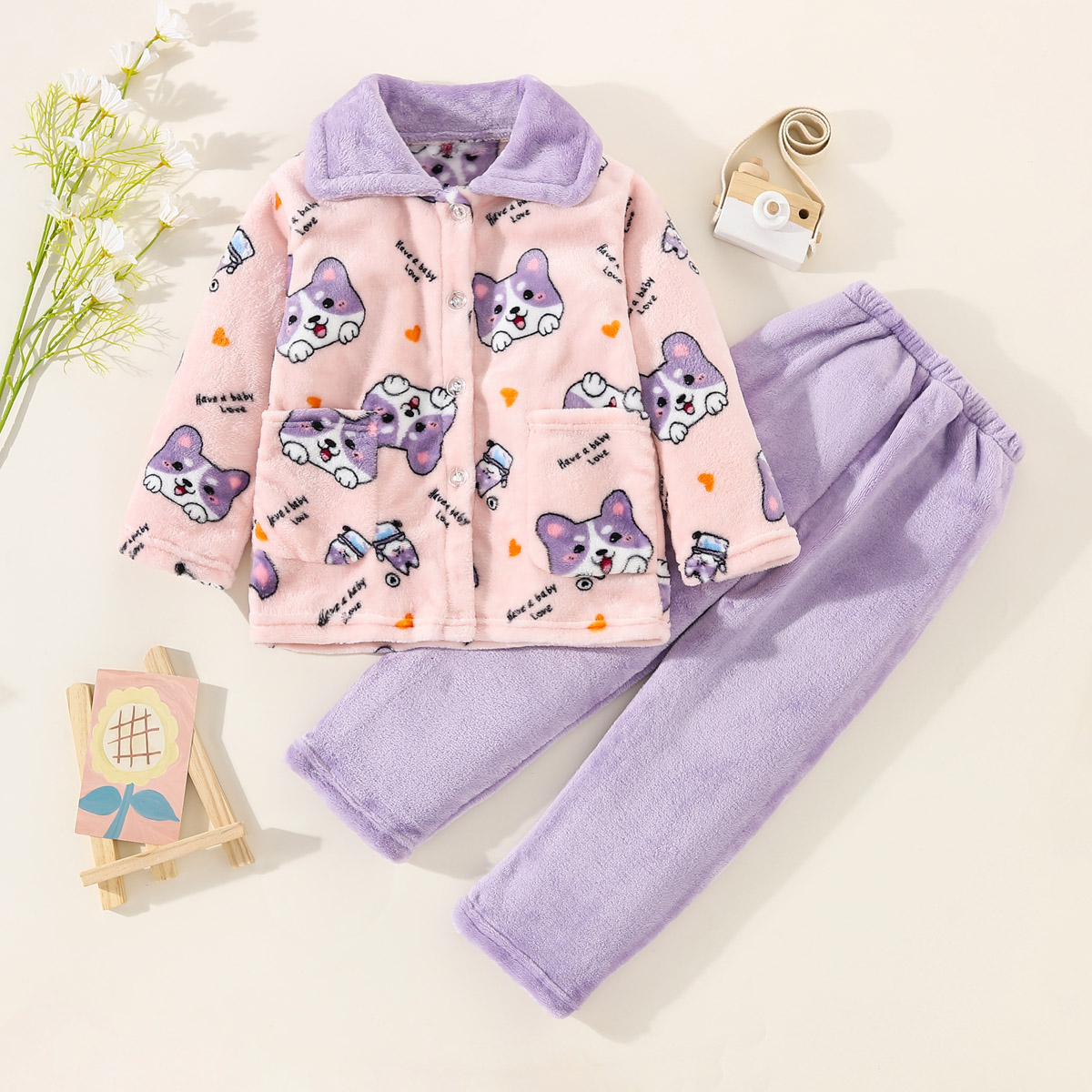 Riolio 2-piece Kid Girl Flannel Allover Dog Pattern Lapel Button-up COAT & Solid Color Pants Pajama 