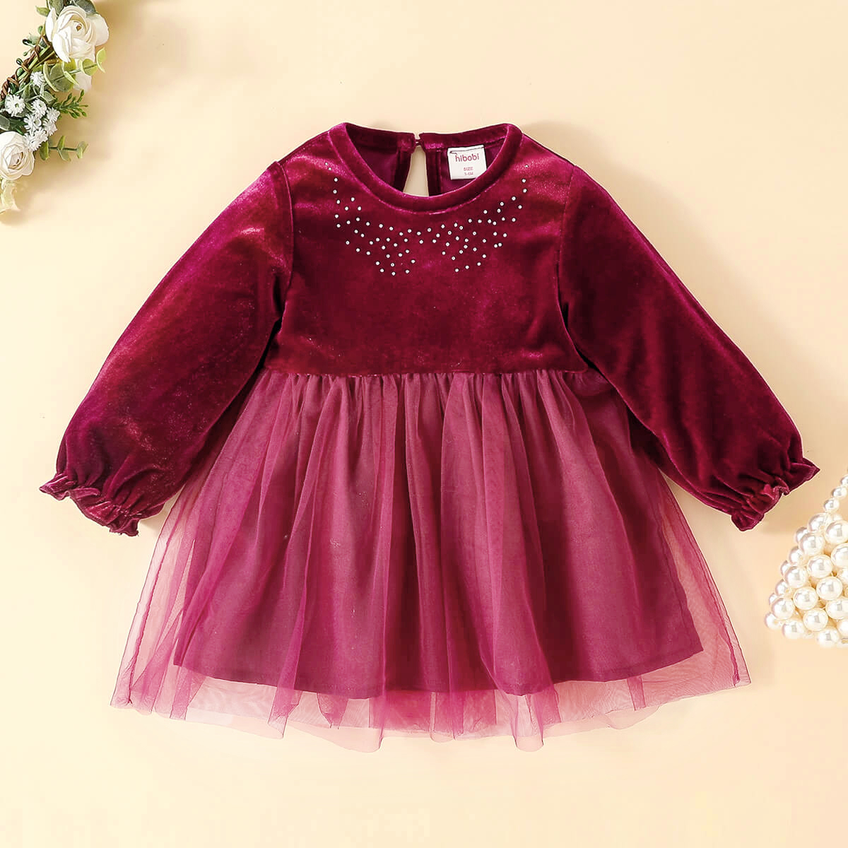 Riolio hibobi Girl Toddler Red Velvet Hot Drilling Long Mesh Sleeve Dr ...