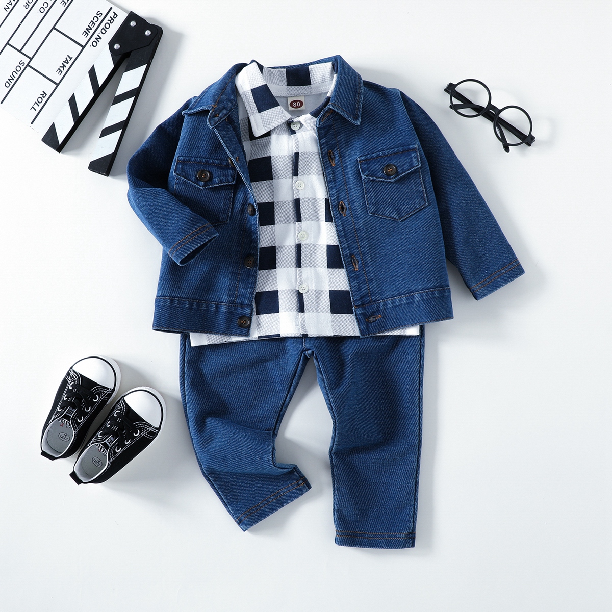 Riolio Toddler Boy Plaid SHIRT & Solid Lapel Denim Jacket & Pants Wholesale