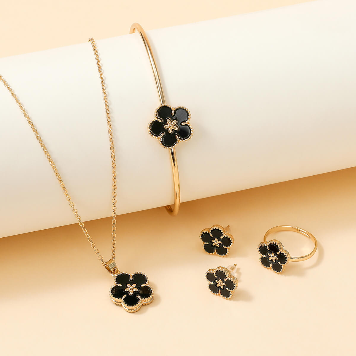 Riolio 4-piece Kid Girl Flower BANGLE & Matching Necklace & Ear Pins & Ring Wholesale