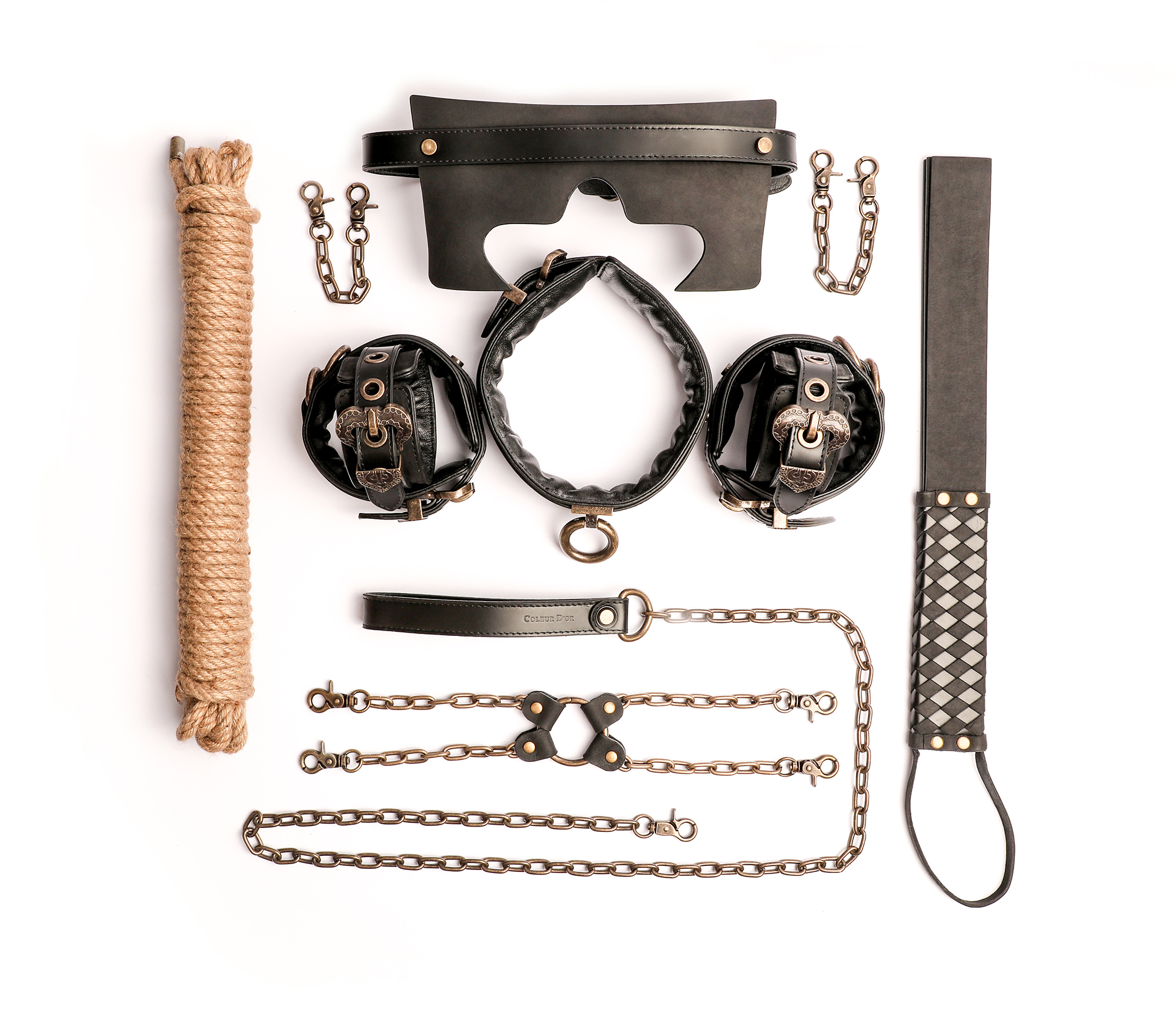 Coleur D'or BDSM Set Real Leather Cuffs Blindfold Slapper Collar and Leash