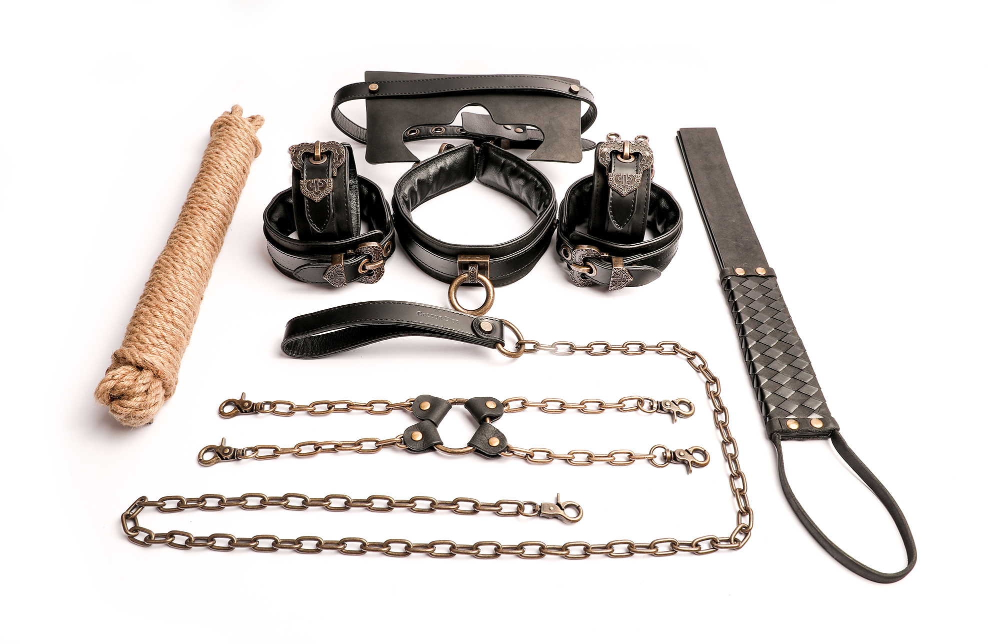 Coleur D'or BDSM Set Real Leather Cuffs Blindfold Slapper Collar and Leash