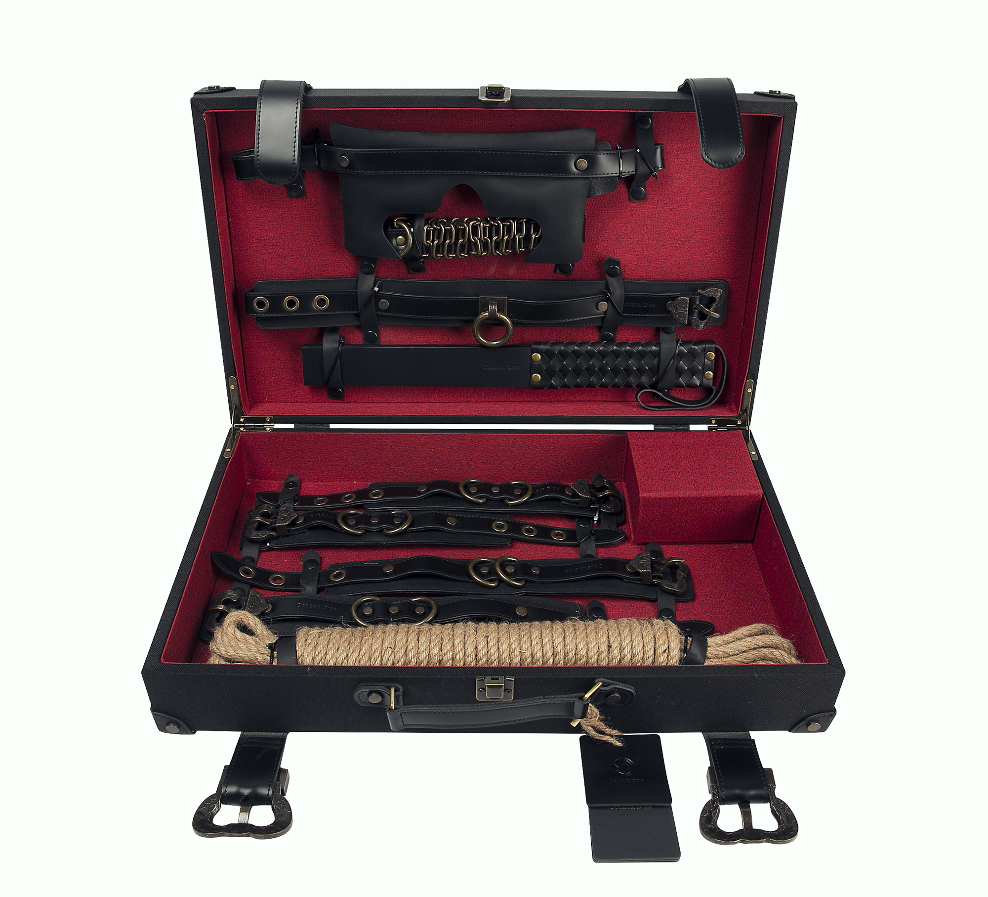 Coleur D'or BDSM Set Real Leather Cuffs Blindfold Slapper Collar and Leash