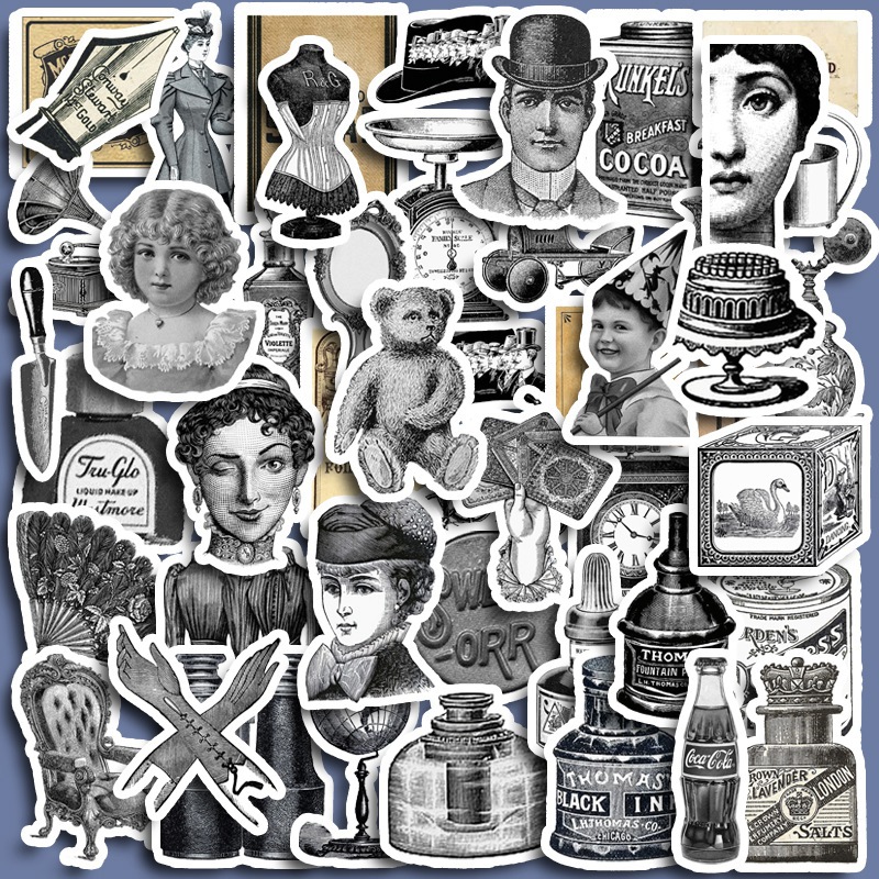 Vintage Black and White Sticker Pack 60 pieces
