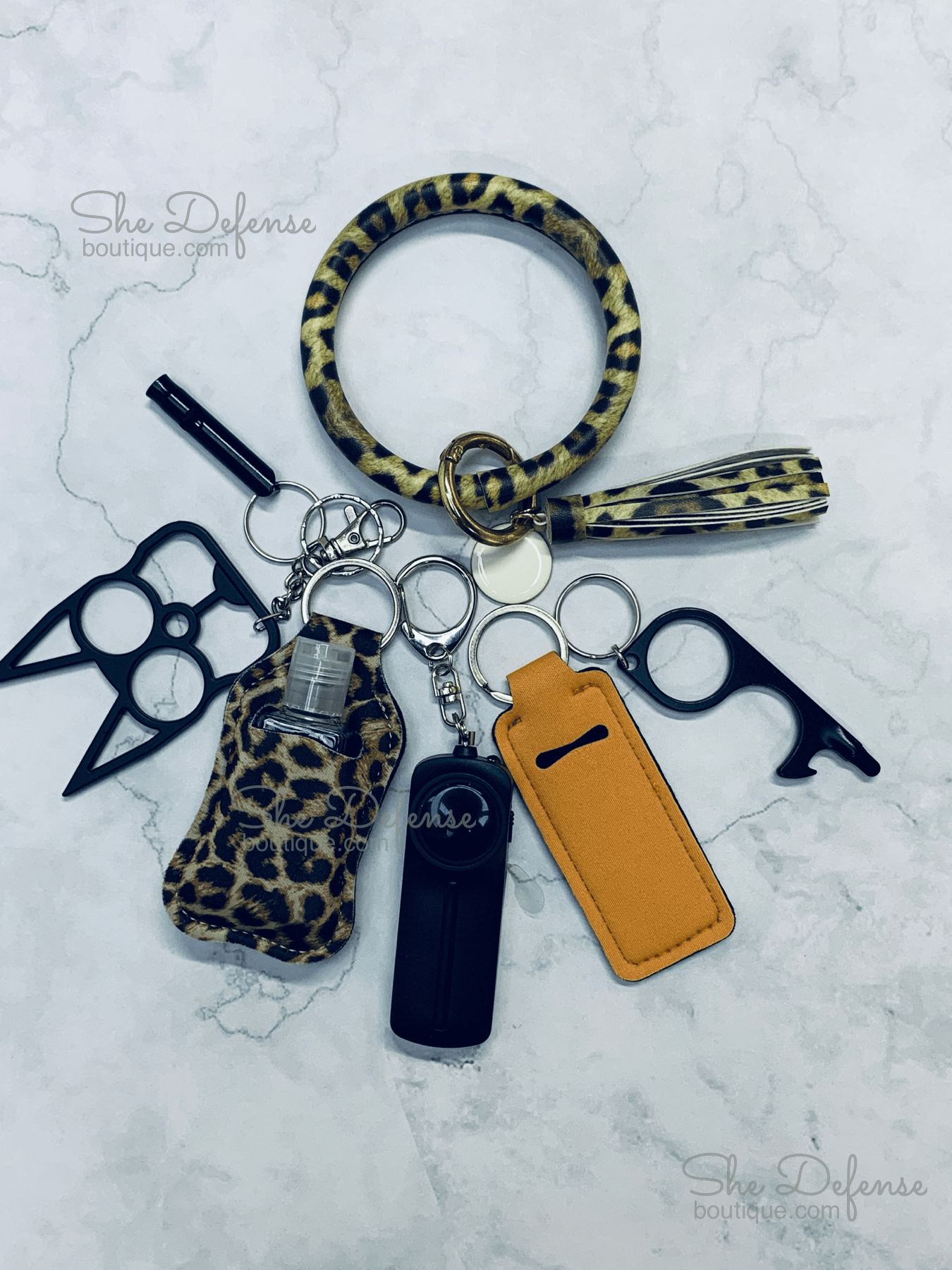 Brown Leopard Leather Bracelet Self Defense Keychain Set