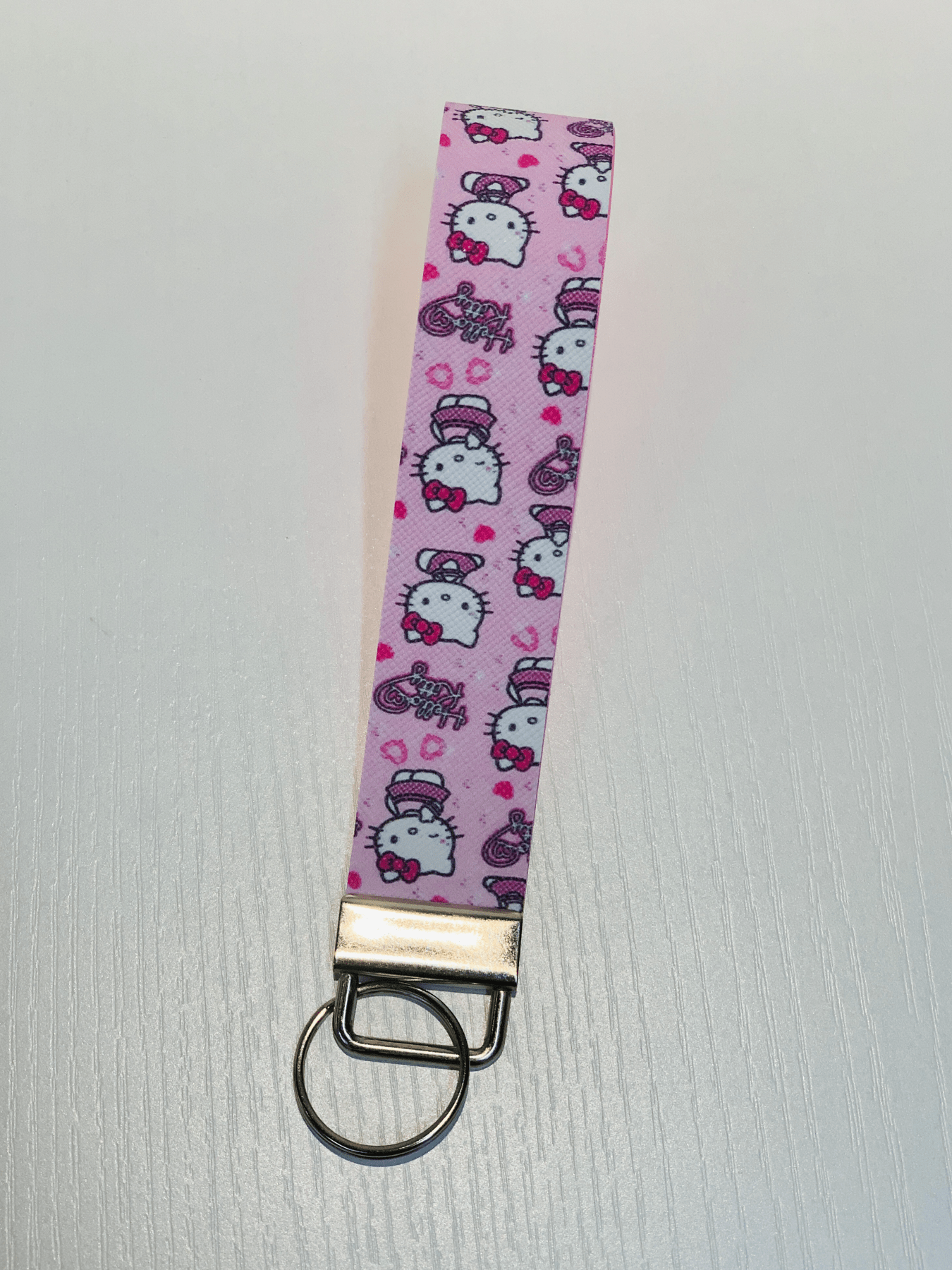 Pink Kitty Print Faux Leather Wristlet Keychains, Keyfob