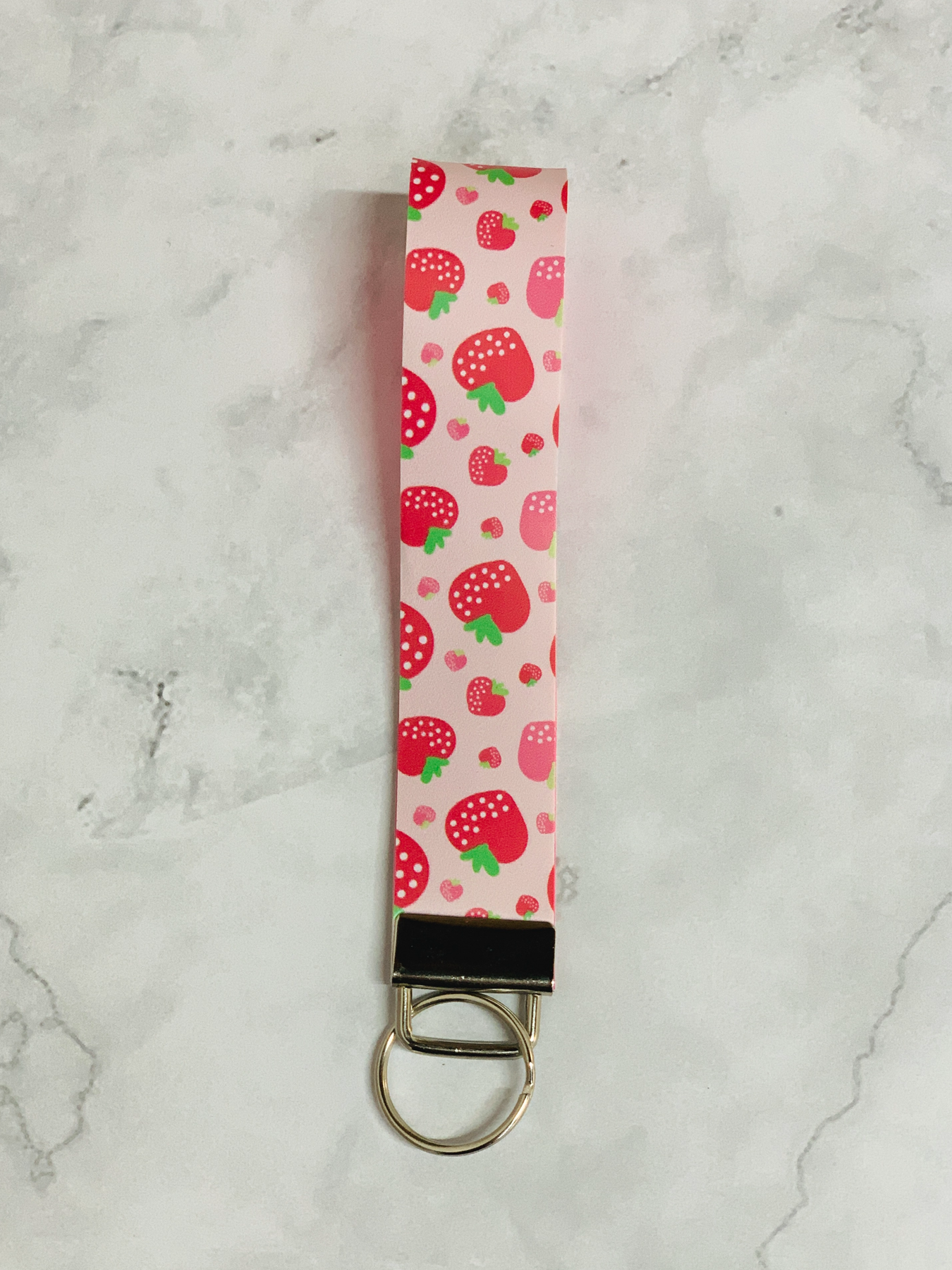 Pink Strawberry Faux Leather Wristlet Keychains, Keyfob