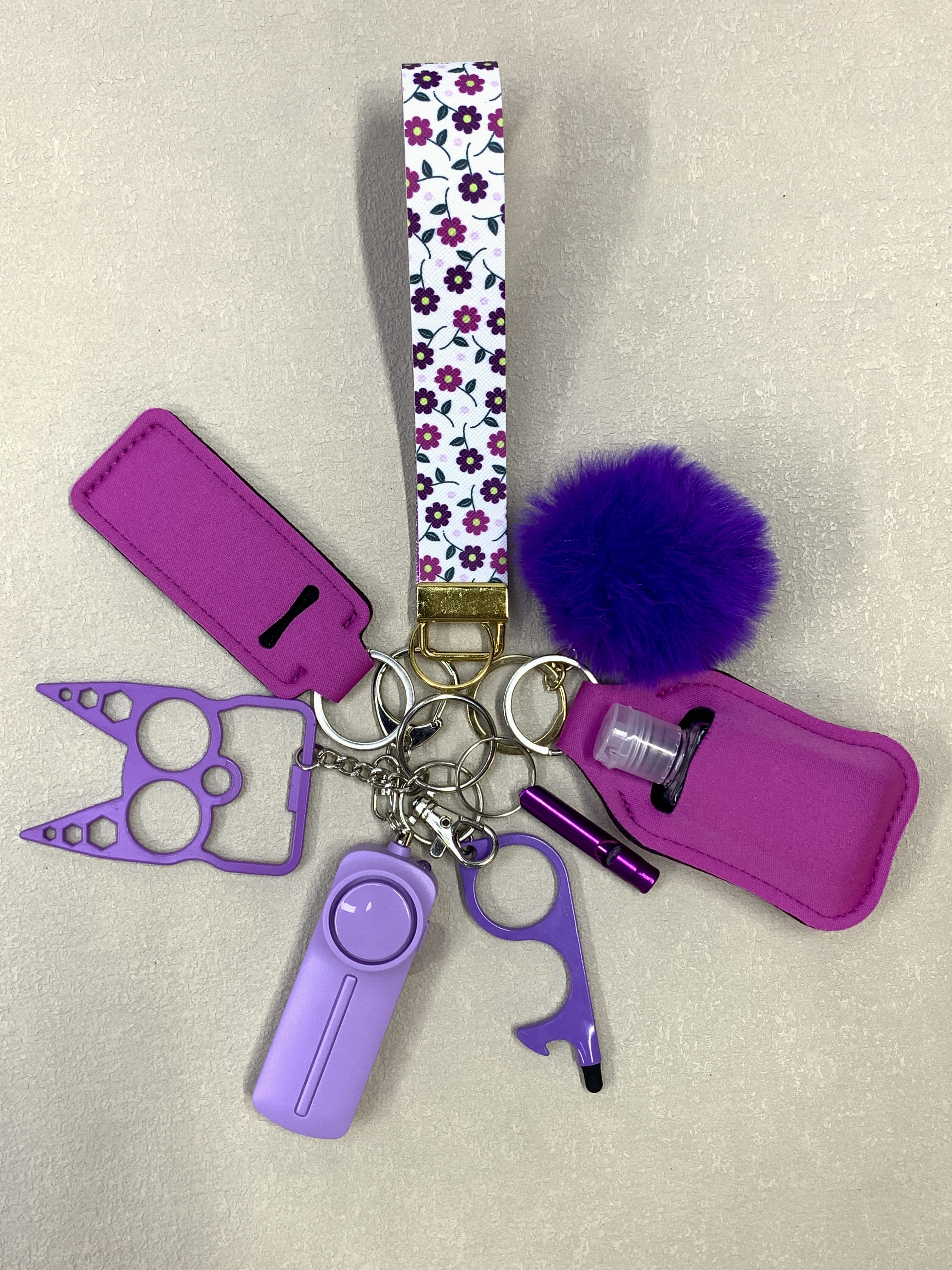 Purple Flowers Gltter Faux Leather Self Defense Keychain Set
