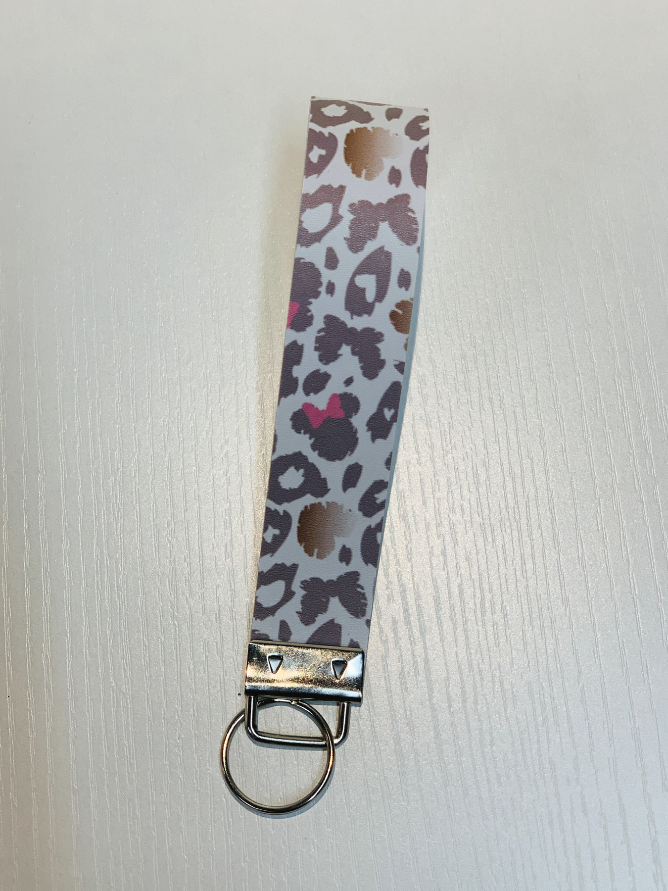 Leopard Minie Mouse Black Faux Leather Wristlet Keychains, Keyfob